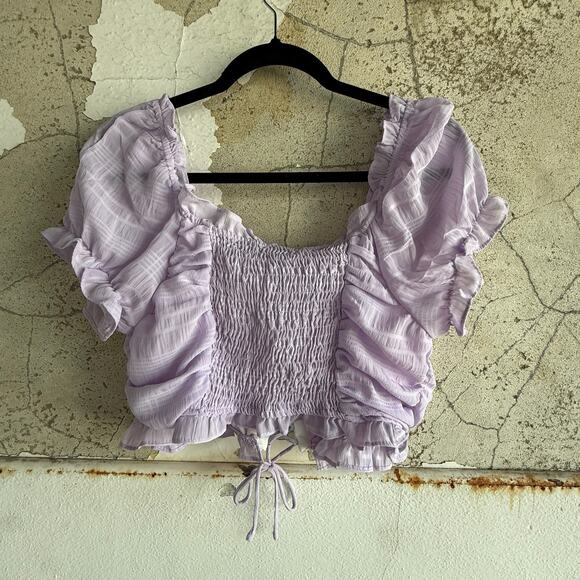 Lavender Ruched Peasant Crop Top Puff Sleeve Romantic Summer Blouse - Picture 7 of 7